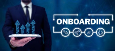 Writing displaying text Onboarding, Business showcase Action Process of integrating a new employee into an organization