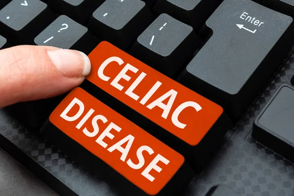 Hand writing sign Celiac Disease, Concept meaning Small intestine is hypersensitive to gluten Digestion problem