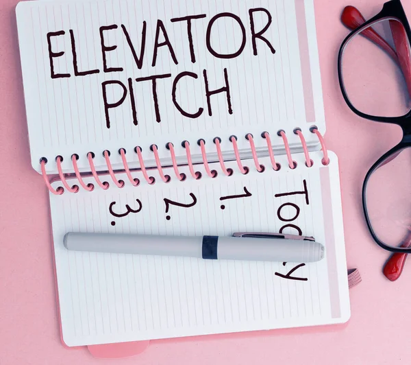 Texto Escritura Mano Elevator Pitch Business Approach Discurso Persuasivo Ventas — Foto de Stock