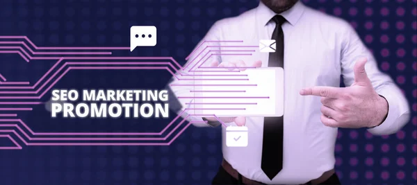 Text Showing Inspiration Seo Marketing Promotion Business Showcase Strategy Implement — Fotografia de Stock