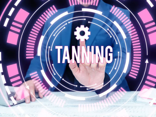 Text sign showing Tanning, Conceptual photo a natural darkening of the scin tissues after exposure to the sun