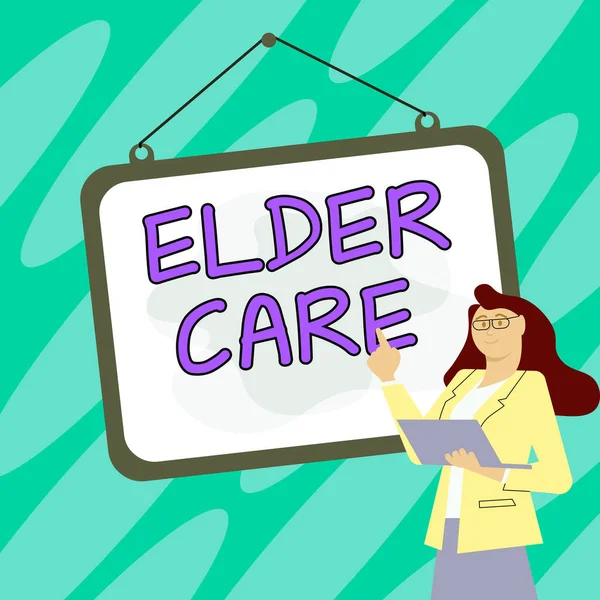 Text caption presenting Elder Care, Business approach the care of older people who need help with medical problems