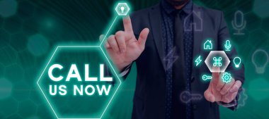 Conceptual caption Call Us Now, Concept meaning Communicate by telephone to contact help desk support assistance