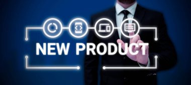 Conceptual caption New Product, Internet Concept goods and services that differ in their characteristics