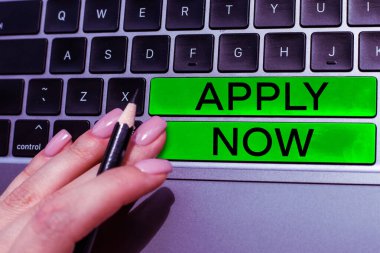 Writing displaying text Apply Now, Business idea urging everybody to send an application letter to join the membership
