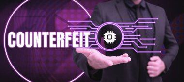 Text caption presenting Counterfeit, Concept meaning made in imitation of something else with intent to deceive