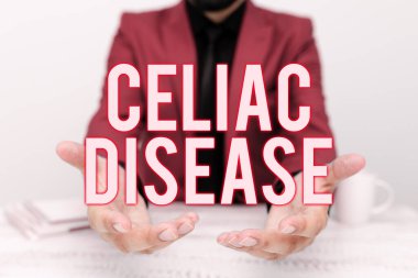 Text caption presenting Celiac Disease, Word Written on Small intestine is hypersensitive to gluten Digestion problem