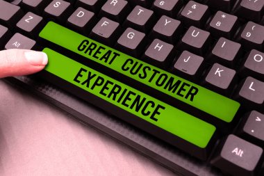 Conceptual caption Great Customer Experience, Business showcase responding to clients with friendly helpful way