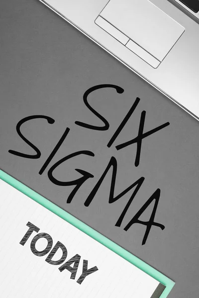 Hand writing sign Six Sigma, Business showcase management techniques to improve business processes