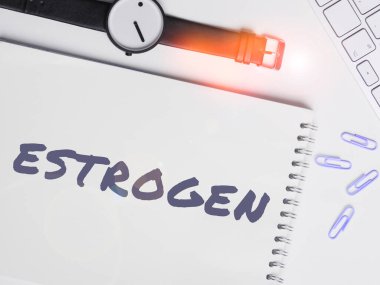 Writing displaying text Estrogen, Internet Concept Group of hormones promote the development of female characteristics