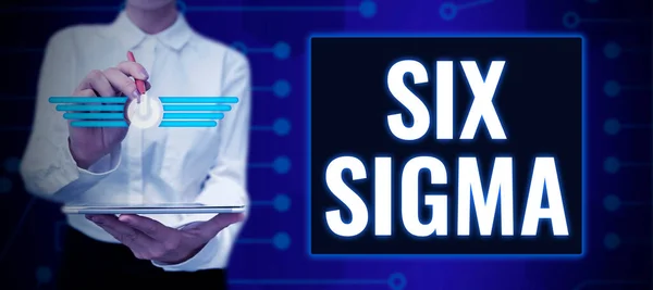 Hand writing sign Six Sigma, Word for management techniques to improve business processes