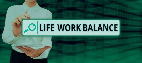 Text caption presenting Life Work Balance, Business overview stability person needs between his job and personal time