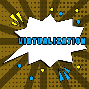 Sign displaying Virtualization, Word for application of virtual environment to computer games