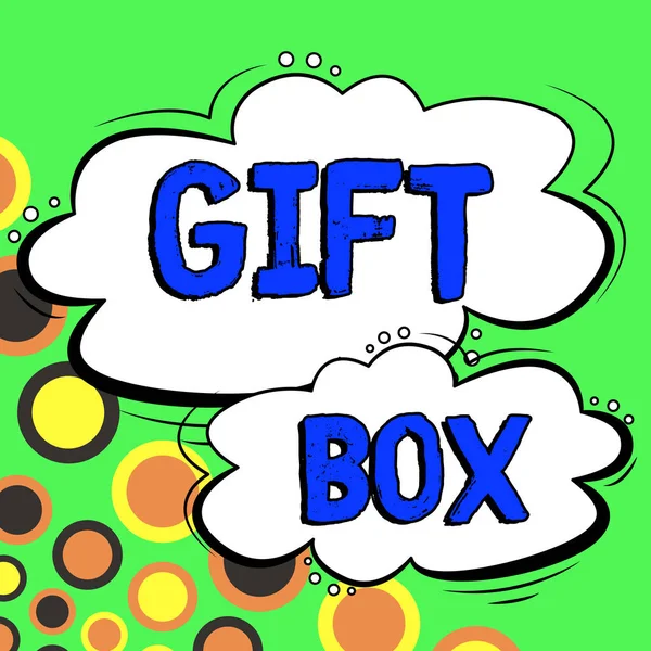Znak Wyświetlający Gift Box Internet Concept Mały Pojemnik Monety Wzorami — Zdjęcie stockowe