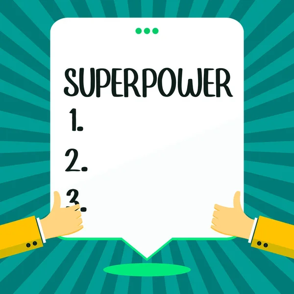 Text Sign Showing Superpower Word Power Ability Kind Enables Enforces — Stock Photo, Image