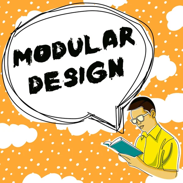 Text caption presenting Modular Design, Word for product designing to produce product by integrating or combining independent parts