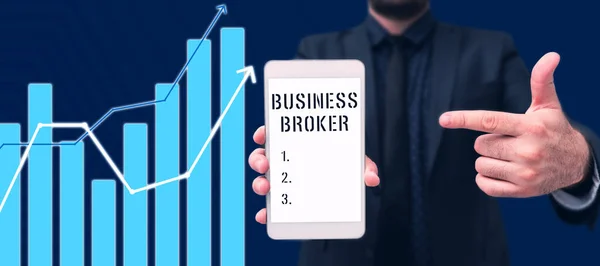 Sinal Texto Mostrando Business Broker Vitrine Negócios Publicando Conteúdo Curto — Fotografia de Stock
