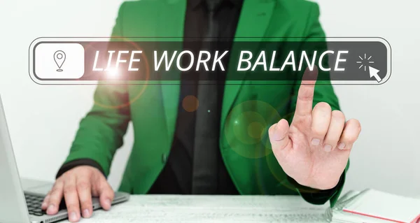 Text caption presenting Life Work Balance, Conceptual photo stability person needs between his job and personal time