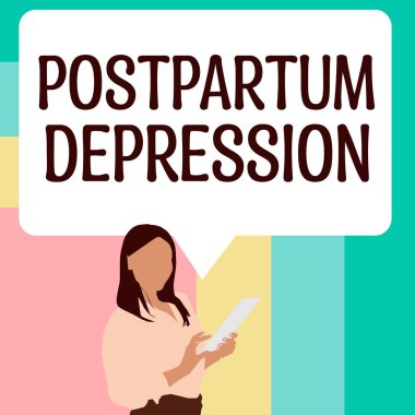 Doğum sonrası depresyon, kavramsal fotoğraf, doğum sonrası yoğun depresyon içeren bir ruh hali bozukluğu gösteren metin işareti.