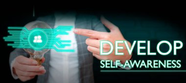 Text caption presenting Develop Self Awareness, Business idea Improve sharp realization of ones personality