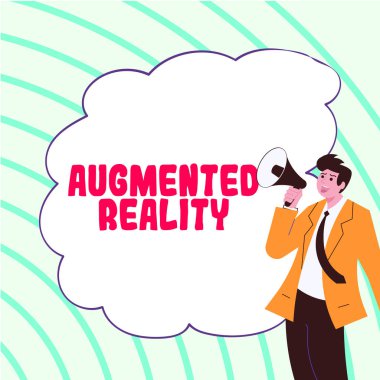 Writing displaying text Augmented Reality, Business idea technology that imposes computer image on the real world