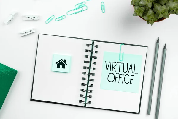Textskylt Som Visar Virtual Office Affärsöversikt Mobil Arbetsmiljö Utrustad Med — Stockfoto