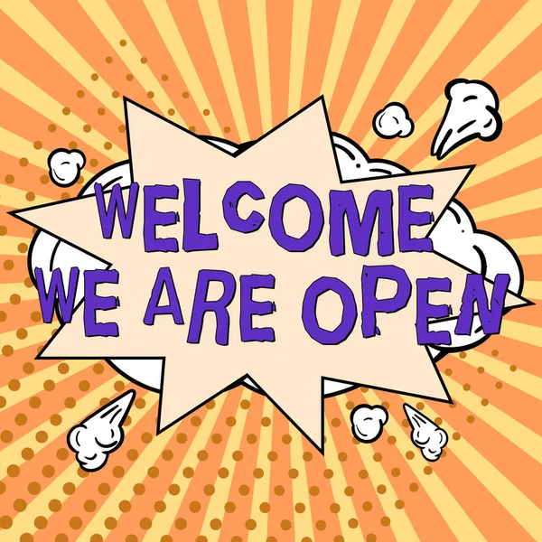 Hand Writing Sign Welcome Open Word Greeting Making Part Work — Stok fotoğraf