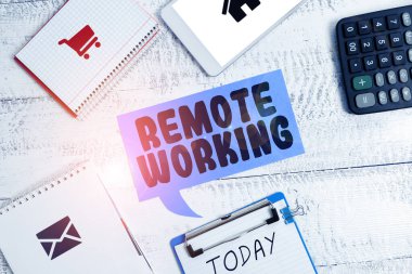Text caption presenting Remote Working, Word for situation in which an employee works mainly from home