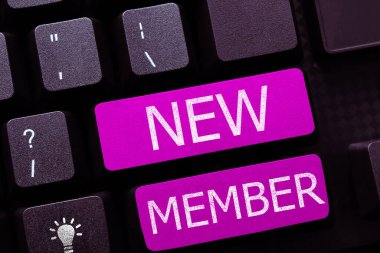 El yazısı tabelası Yeni Üye, Kavramsal fotoğraf toplama çalışanı şirkete ya da ekibe yeni çocuk doğumu