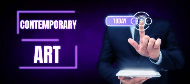 Gelişmekte olan dünyadan etkilenen canlı sanatçılar tarafından yapılan Çağdaş Sanat, İş Konseptini gösteren tabela