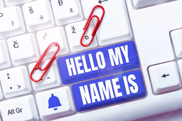 Text Sign Showing Hello Name Word Introducing Yourself New People — Fotografia de Stock