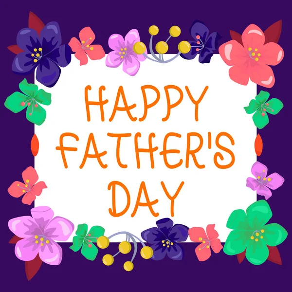 Hand writing sign Happy Fathers Day, Word Written on time of year to celebrate fathers all over the world
