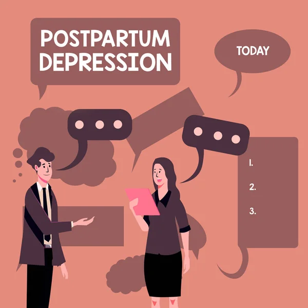Hand writing sign Postpartum Depression, Business overview a mood disorder involving intense depression after giving birth