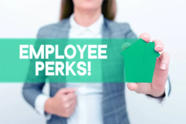 Sign Displaying Employee Perks Word Worker Benefits Bonuses Compensation Rewards — Stock Photo, Image