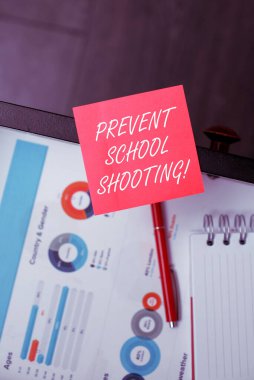 Conceptual display Prevent School Shooting, Business approach actions committed to terminate use of firearms in educational facilities