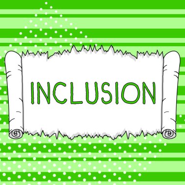 Text caption presenting Inclusion, Business overview action state including of being included within group or structure
