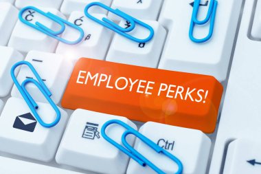 Sign displaying Employee Perks, Business overview Worker Benefits Bonuses Compensation Rewards Health Insurance