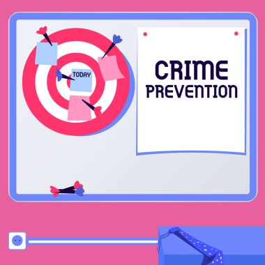Writing displaying text Crime Prevention, Business showcase Federal Offense actions Illegal Activities punishable by Law