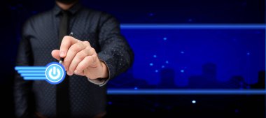 Businessman Holding Pen Writing and Presenting Futuristic Technology.