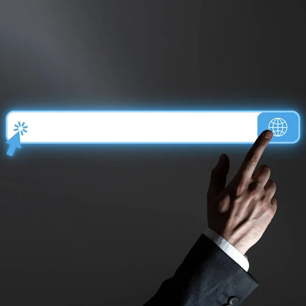 Finger Pressing Virtual Button Futuristic Style Image Colored Glow — Photo