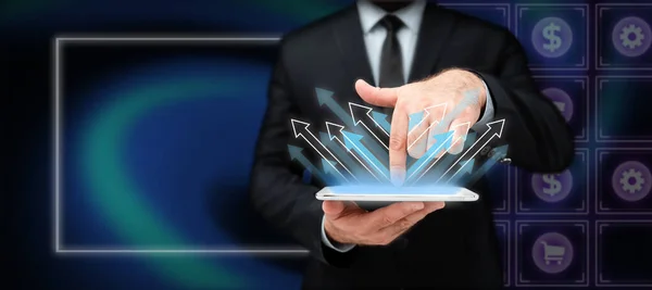 Gentleman Business Attire Draging Tab Pointing Futuristische Technologie — Stockfoto