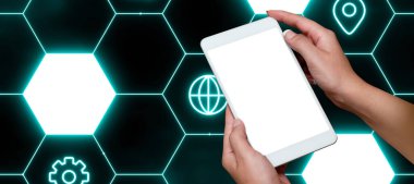 Man sitting at the table with laptop. Big white speech bubble for text overhead. Empty Dialog box on bright colored background. drawing illustration.