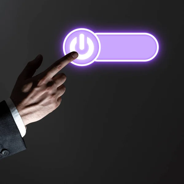 Finger Pressing Virtual Button Futuristic Style Image Colored Glow — Fotografia de Stock