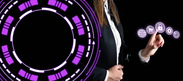Lady Black Suit Standing Pressing Virtual Button Her Finger — Fotografia de Stock