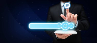 Man in office suit holding tablet and press virtual button with finder.