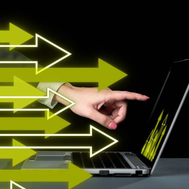 Man sitting at the table with laptop. Big white speech bubble for text overhead. Empty Dialog box on bright colored background. drawing illustration.