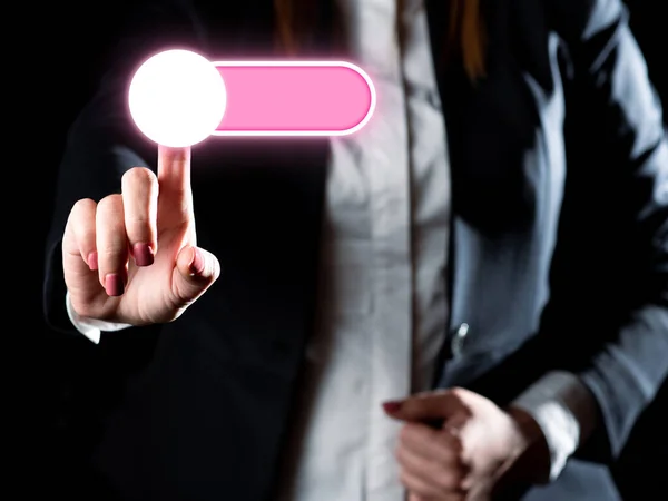 Lady Office Suit Standing Pressing Virtual Button Her Finger — Fotografia de Stock