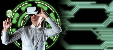 Man sitting at the table with laptop. Big white speech bubble for text overhead. Empty Dialog box on bright colored background. drawing illustration.