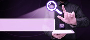 Man sitting at the table with laptop. Big white speech bubble for text overhead. Empty Dialog box on bright colored background. drawing illustration.