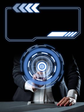 Man sitting at the table with laptop. Big white speech bubble for text overhead. Empty Dialog box on bright colored background. drawing illustration.